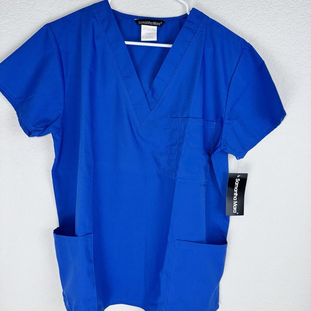 Samantha Mara Womens Scrub Top Large Royal Blue V Neck 3 Pocket 9002RYL NWT